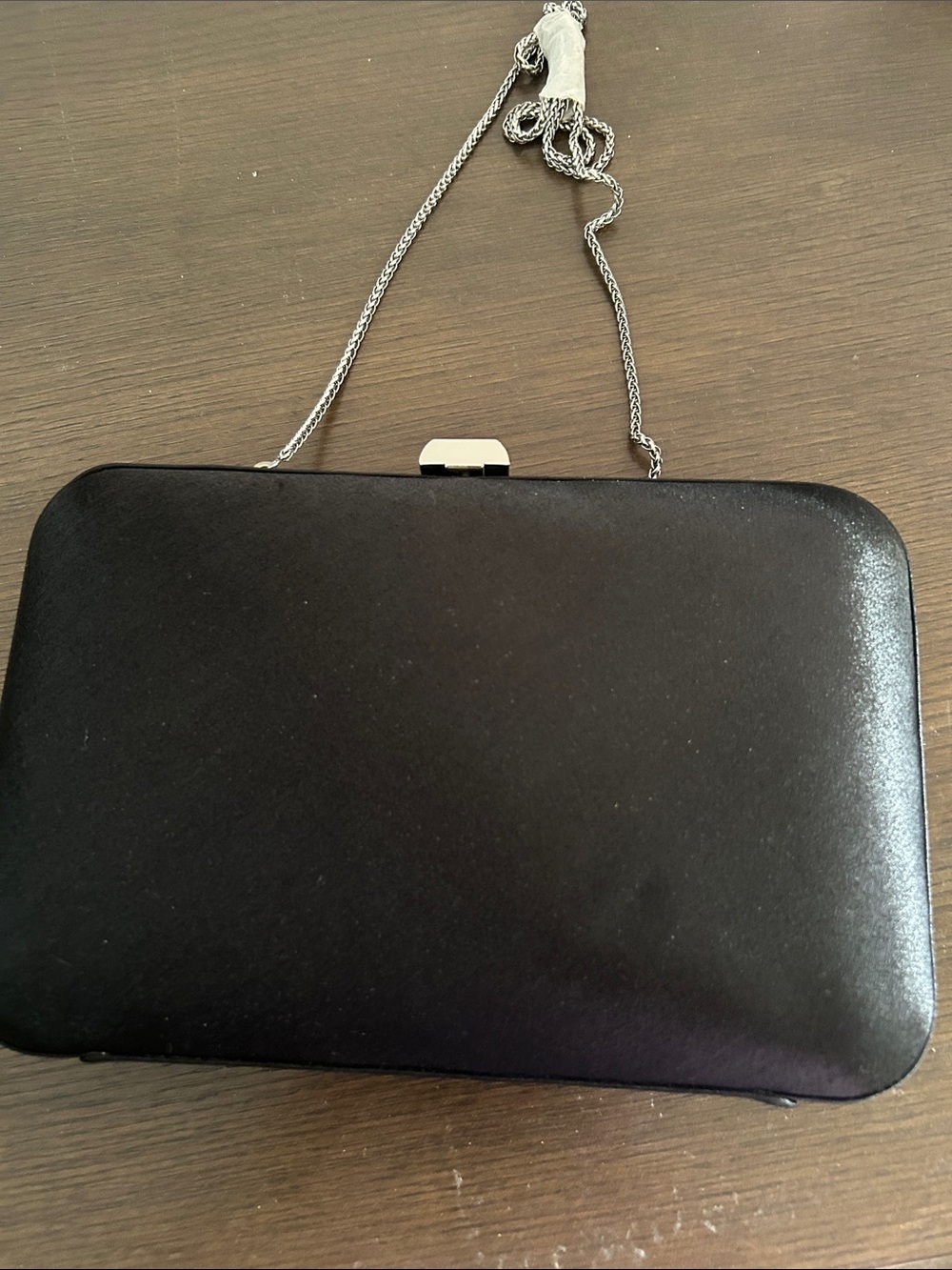 Classic Black Satin Clutch with Silver Chain